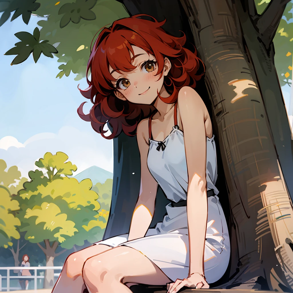 1female, Red Hair, White Sundress, Curly Hair, Brown Sandals, Casual Attire, Hazel Eyes, Smiling, Lean, Student, Young Female, Park, Sitting under a Tree