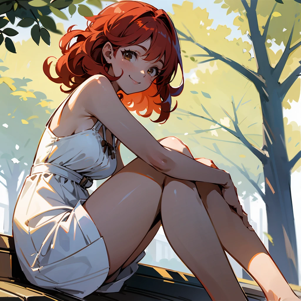 1female, Red Hair, White Sundress, Curly Hair, Brown Sandals, Casual Attire, Hazel Eyes, Smiling, Lean, Student, Young Female, Park, Sitting under a Tree