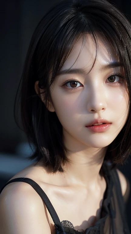 hamabeminami,(Wearing a black sparkly dress),(RAW Photos, Highest quality), (Realistic, photo-Realistic:1.4), masterpiece, Very delicate and beautiful, Very detailed, 2k wallpaper, wonderful, In detail, Very detailed CG unity 8k wallpaper, Very detailed, High resolution, Soft Light, Beautiful detailed girl, Very detailed eyes and face, Beautifully detailed nose, Beautiful attention to detail,Cinema Lighting,City lights at night,Perfect Anatomy,Slender body,short hair
