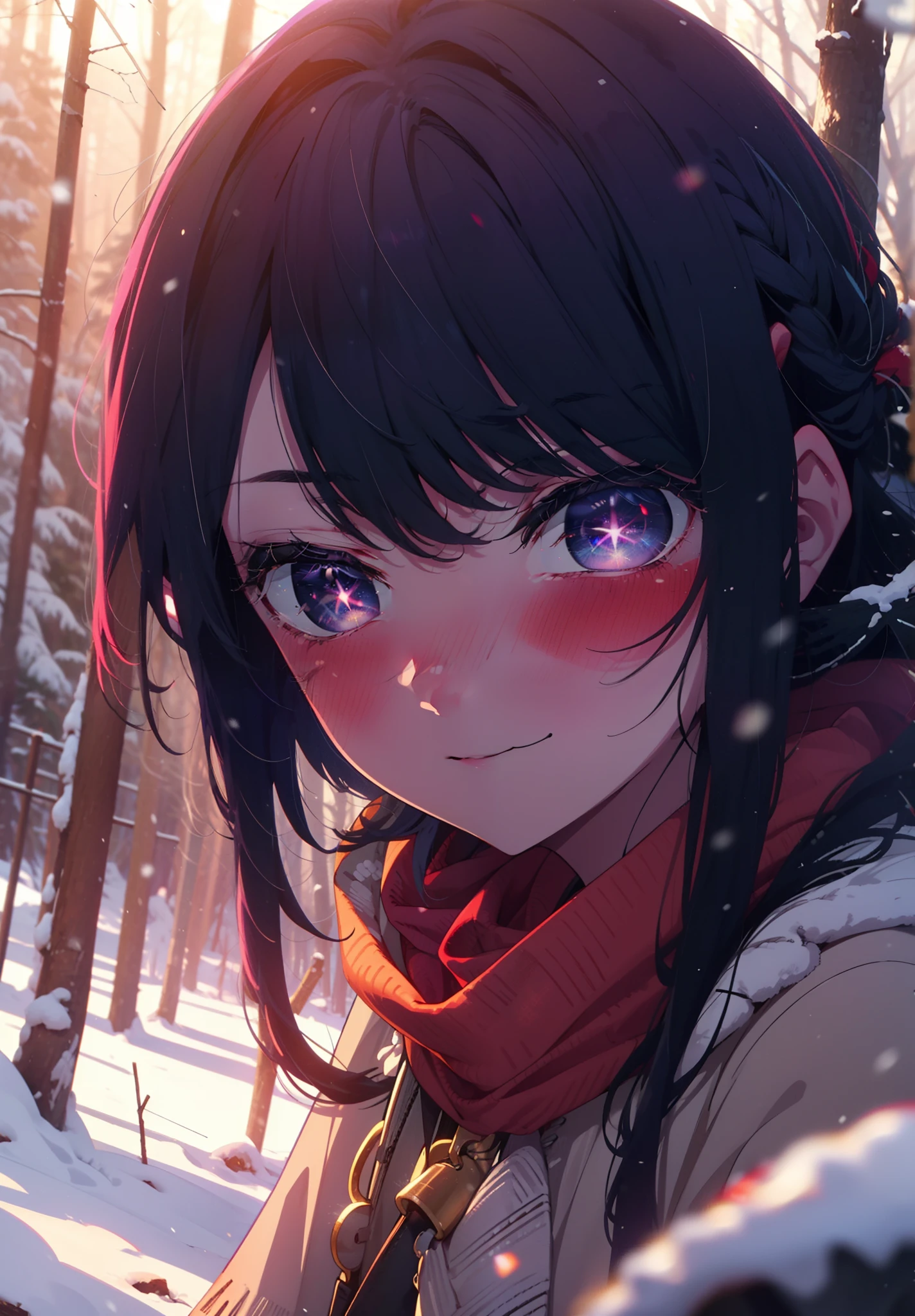 aihoshino, Ai Hoshino, Long Hair, bangs, (Purple eyes:1.1), Purple Hair, (Symbol-shaped pupil:1.5), smile,,smile,blush,white breath,
Open your mouth,snow,Ground bonfire, Outdoor, boots, snowing, From the side, wood, suitcase, Cape, Blurred, , forest, White handbag, nature, Squat, Mouth closed, Cape, winter, Written boundary depth, Black shoes, red Cape break looking at viewer, Upper Body, whole body, break Outdoor, forest, nature, break (masterpiece:1.2), Highest quality, High resolution, unity 8k wallpaper, (shape:0.8), (Beautiful and beautiful eyes:1.6), Highly detailed face, Perfect lighting, Extremely detailed CG, (Perfect hands, Perfect Anatomy),