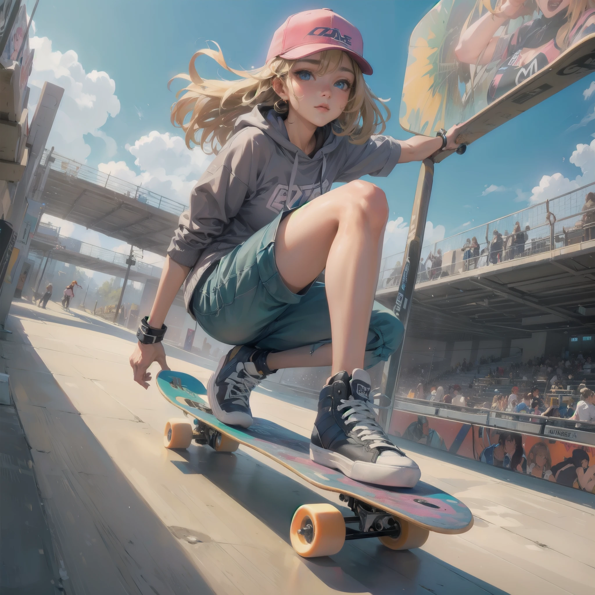  masterpiece, (textured skin), best quality, gorgeous beautiful girl, (a female skateboard athlete), detailed clothes,large breasts,narrow waist,, (beautiful face), cinematic lighting, (at skateboard venue ),