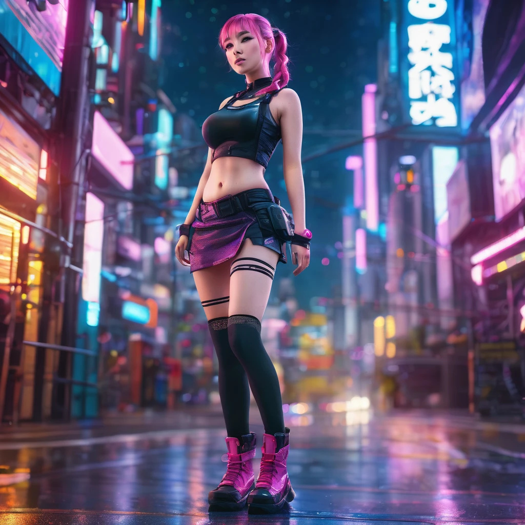 a beautiful alluring anime girl, 1girl, side braid, wavy pink hair, fit sexy define physique, miniskirt, knee high fishnet socks, engineer boots, standing in cyberpunk city galaxy background, hyperrealistic, 3D, (best quality,4k,8k,highres,masterpiece:1.2),ultra-detailed,(realistic,photorealistic,photo-realistic:1.37),studio lighting,extreme detail description,vivid colors,bokeh