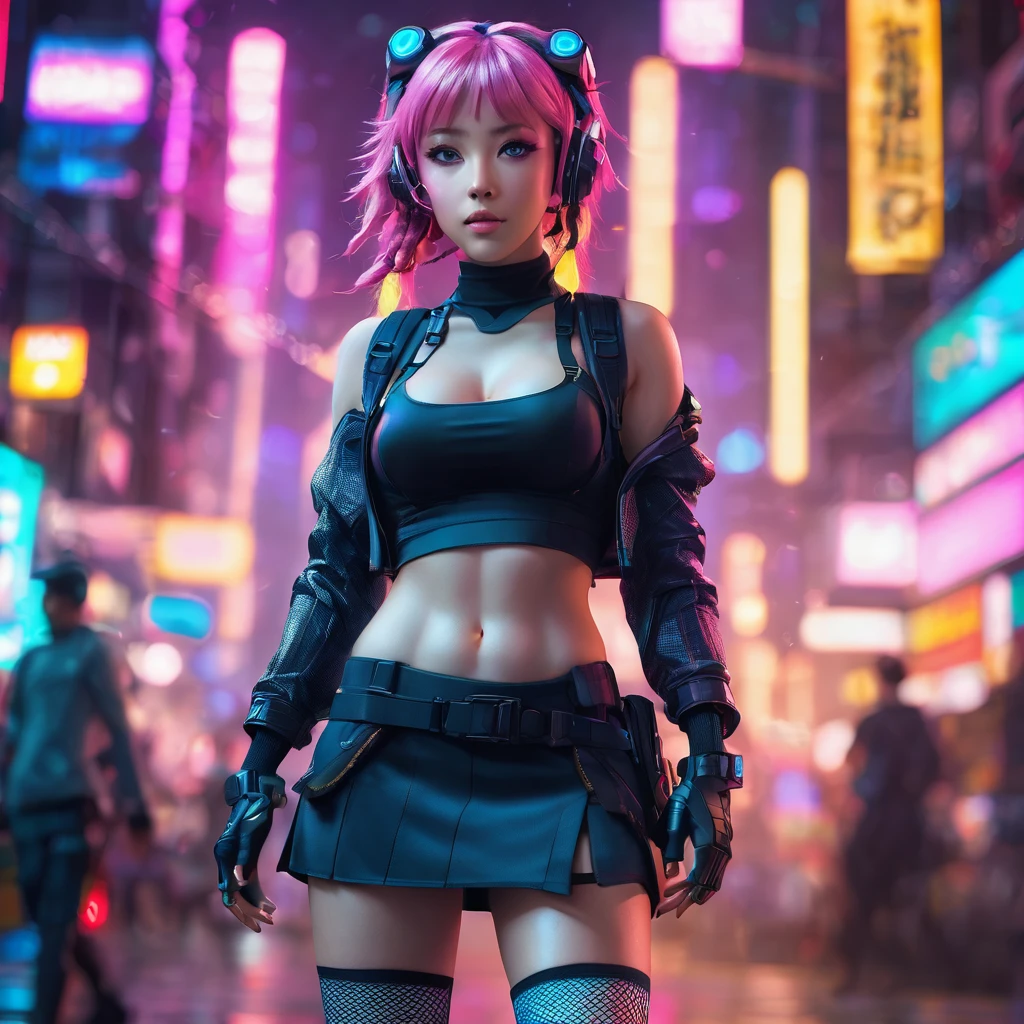 a beautiful alluring anime girl, 1girl, side braid, wavy pink hair, fit sexy define physique, miniskirt, knee high fishnet socks, engineer boots, standing in cyberpunk city galaxy background, hyperrealistic, 3D, (best quality,4k,8k,highres,masterpiece:1.2),ultra-detailed,(realistic,photorealistic,photo-realistic:1.37),studio lighting,extreme detail description,vivid colors,bokeh