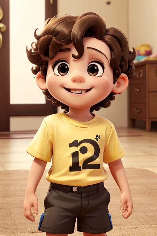 a photo of tonton carinss, a 2 year old boy, happy and smiling, white, short curly brown hair, brown eyes, yellow shirt, black shorts, hand over his mouth