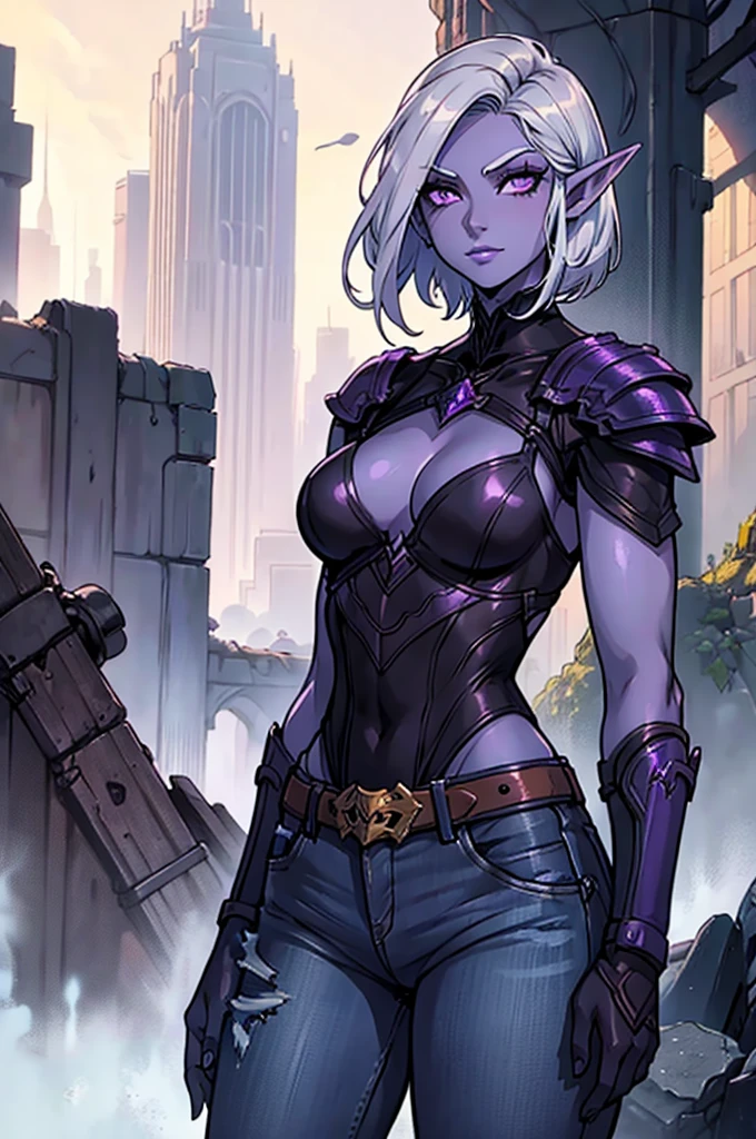 young girl drow elf with short silver hair and dark purple skin,  leather armor, jeans, wounds, ruins of a modern city in the background