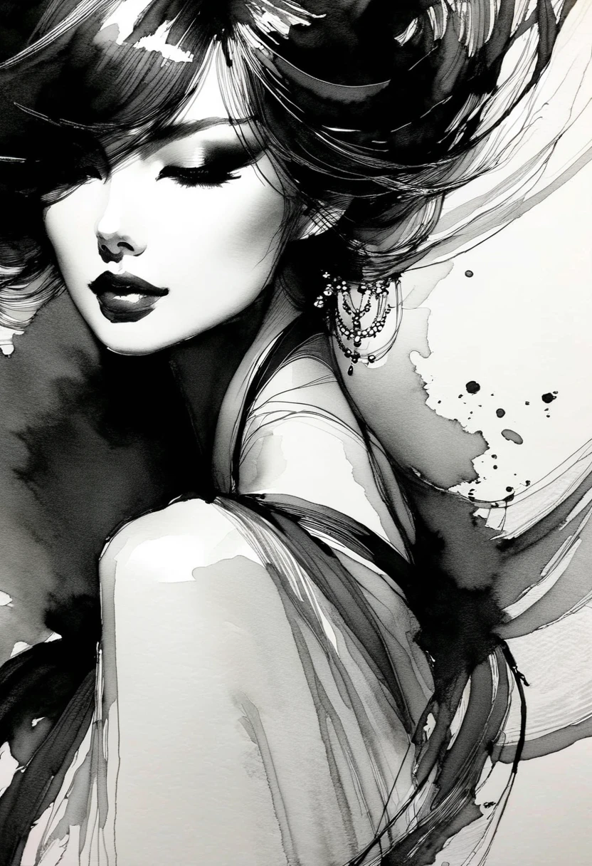 Elegant Maiden,Black and Whiteink画,Pen sketch,Gentle brushwork,Draw delicate lines with a pen,Fluid Action,微妙的ink色调,Graceful posture,Calm expression,Evil look,Bob Hair、ink,mud,Black and White,clean,There's nothing in my hands,Upper body painting