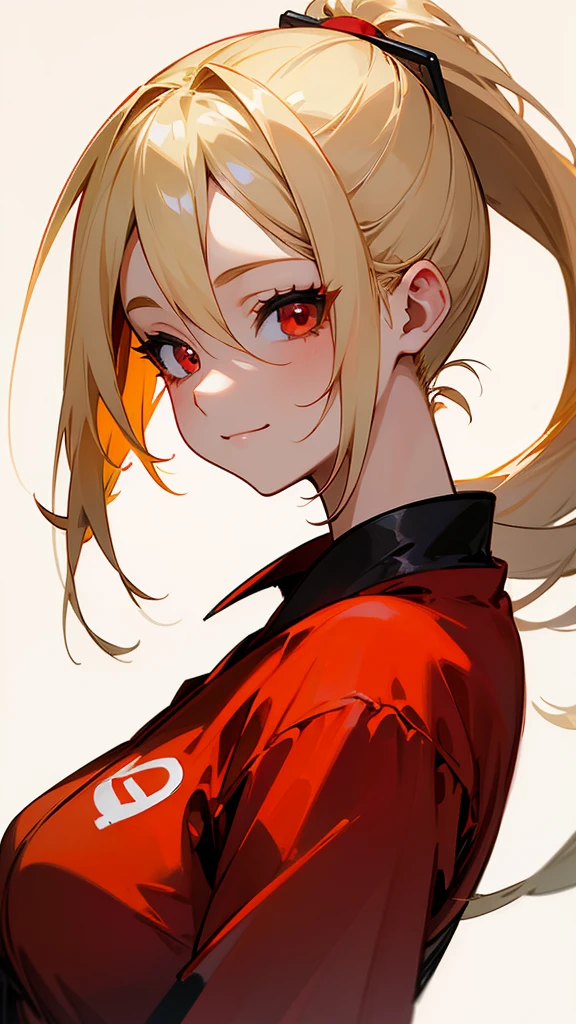 1 Girl、Anime-style paintings、Blonde Hair、Half Ponytail、Round red eyes、smile、From the side、Upper body close-up、Red jumpsuit