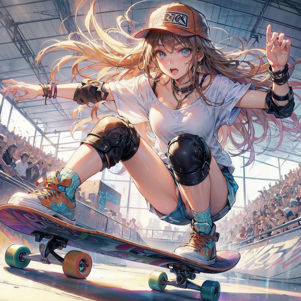  masterpiece, (textured skin), best quality, gorgeous beautiful girl, (a female skateboard athlete), detailed clothes,large breasts,narrow waist,, (beautiful face), cinematic lighting, (at skateboard venue ),