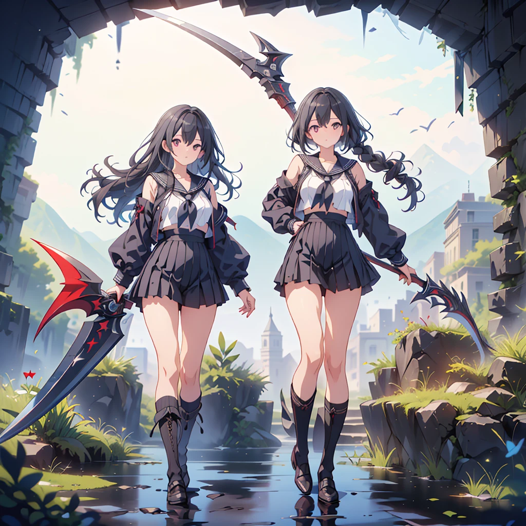(masterpiece, Highest quality), (Perfect athletic body:1.2), (Fine hair), Very detailed, Anime Style, whole body, alone, Vampire Hunter, Black Sailor Suit, Big Grim Reaper Scythe, Black Hair, high boots, Standing in the Wilderness,Navy blue knee socks,Black loafers、 8K high resolution, White Background, whole body,