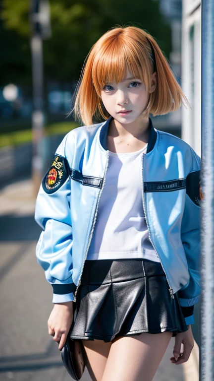 Girl with flamboyant appearance and rebellious attitude, Japanese, , (beautiful fine eyes, clear double pupils), delinquent girl, alone, gal style with emphasis on cuteness, jacket, extremely short skirt, sneakers, bobbed hair, staring at viewer, lonely look, lonely, summer, night, starry sky, one of the movie scene, realistic, 8K, masterpiece, super high quality,