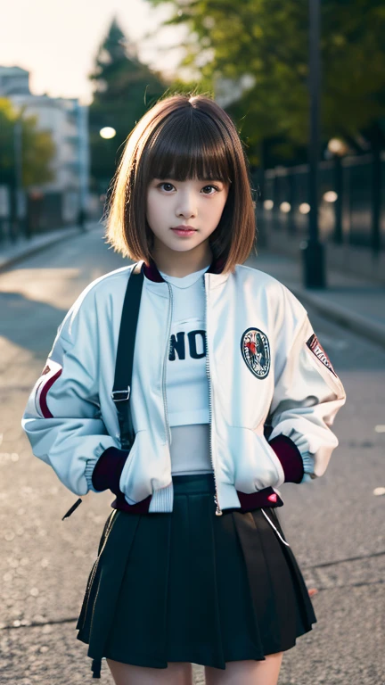 Girl with flamboyant appearance and rebellious attitude, Japanese, , (beautiful fine eyes, clear double pupils), delinquent girl, alone, gal style with emphasis on cuteness, jacket, extremely short skirt, sneakers, bobbed hair, staring at viewer, lonely look, lonely, summer, night, starry sky, one of the movie scene, realistic, 8K, masterpiece, super high quality,