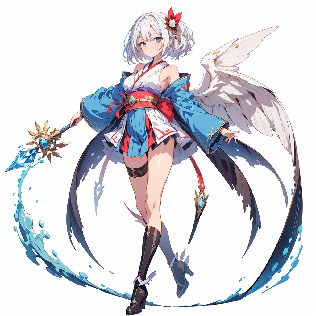 (masterpiece, Highest quality), (perfect athletic body:1.2), (Thin Hair), 非常にdetailedな, Anime Style, whole body, alone,  Gothloli kimono, Fairy Wings,Magical girl、Magic giant wand、  White hair and brown skin, High Boots,Floating in the blue sky, High heel boots, 8K high resolution, White Background, whole body,Super huge、detailed、dynamic、