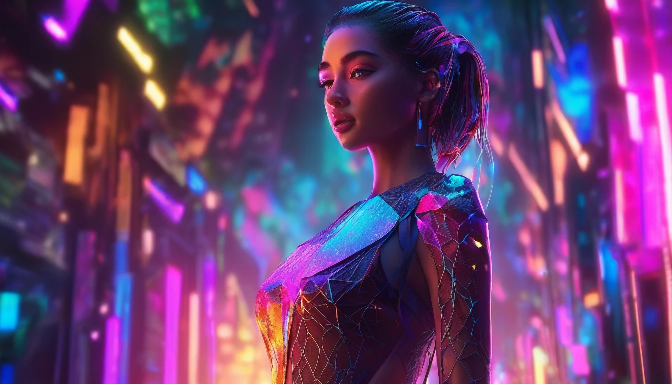A beautiful woman,Black hair,穿着Neon lights服装,Background is black, Characters are designed in a variety of poses, Full set of clothing, Anodized Titanium, Ammolite, smooth, holographic, Rainbow, Light Particles, Rainbow Marble, Neon Colors, Electric Color, Lisa Frank, 32K, full-body shot, Ultra wide angle, rainbow core, Synthwave, 3d, Movie, Cyberpsychedelic, Surrealism, Surrealism, Unreal Engine, flash, Gold Leaf Art, HDR, Very detailed, complex, Black Light, Bokeh, fluorescent lamp, Neon lights, vibrant Full set of clothing