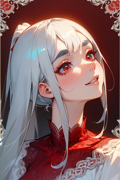 (Highest quality, masterpiece:1.2), (High resolution, 最高masterpiece).(difficult).Very detailed, Realistic:1.37, Fantasy, An illustration,Gray Hair、 Red eyes、Queen, White and blue dress、beautifully、Eyeshadow Red、Thick eyebrows、Long eyelashes、pupils are black、shiny on the lips、Top Sites、Queen、Princess、A kind smile、Show your teeth a little and smile、Soft impression、people々々々々々々々Loved by、(Slimming the face).Shoulder Bare、ponytail、Kissing Face、Long white hair、Shaggy Bangs、(Save face image).((Red lace dress))、((Looking up)).