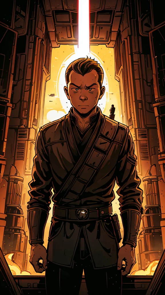 (1man, Tintin,1boy), (extremely detailed CG unit 8k wallpaper),(master part), (best quality), (ultra detail), (best illustration),(style of Dan Mumford), cowboy shot, (Sharp eyeliner, ombre, detailed eyes:1), death Star interiors background, ,break , (Star Wars), upper body,brunning,short hair ,black hair, 