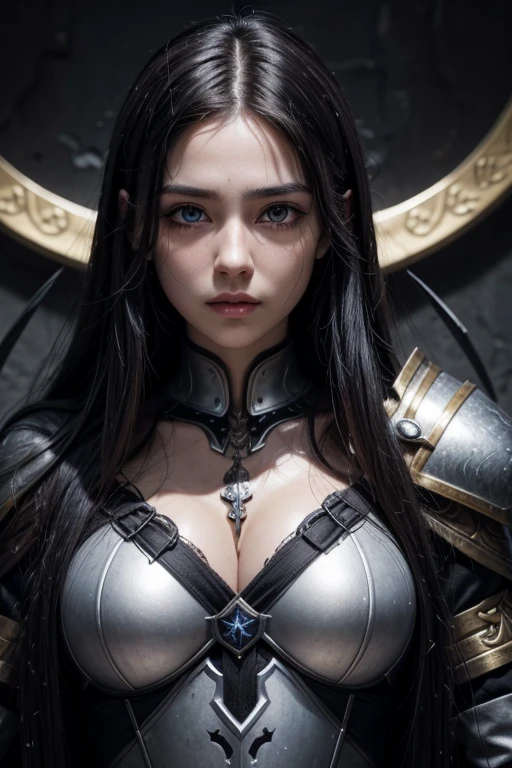 absurdrez, ultra details, high qualiy, Artwork, face detailed, gorgeous eyes(detailedeyes) warrior with sword, long black hair, Paladin's Heavy Armor, fully body, tense facial expression, gaping mouth, yelling, grappling, gazing at viewer, lush ass