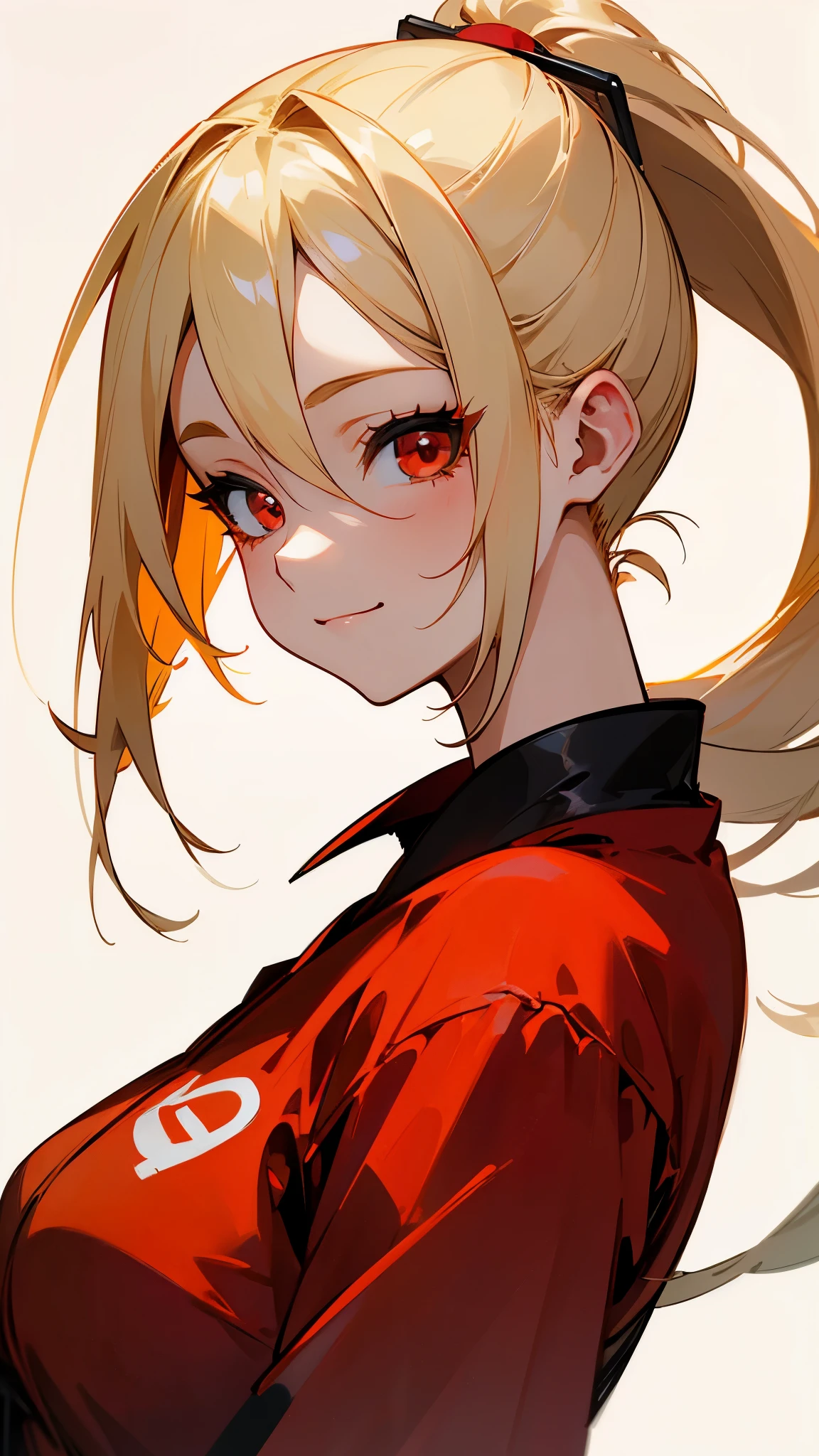 1 Girl、Anime-style paintings、Blonde Hair、Half Ponytail、Round red eyes、smile、From the side、Upper body close-up、Red jumpsuit