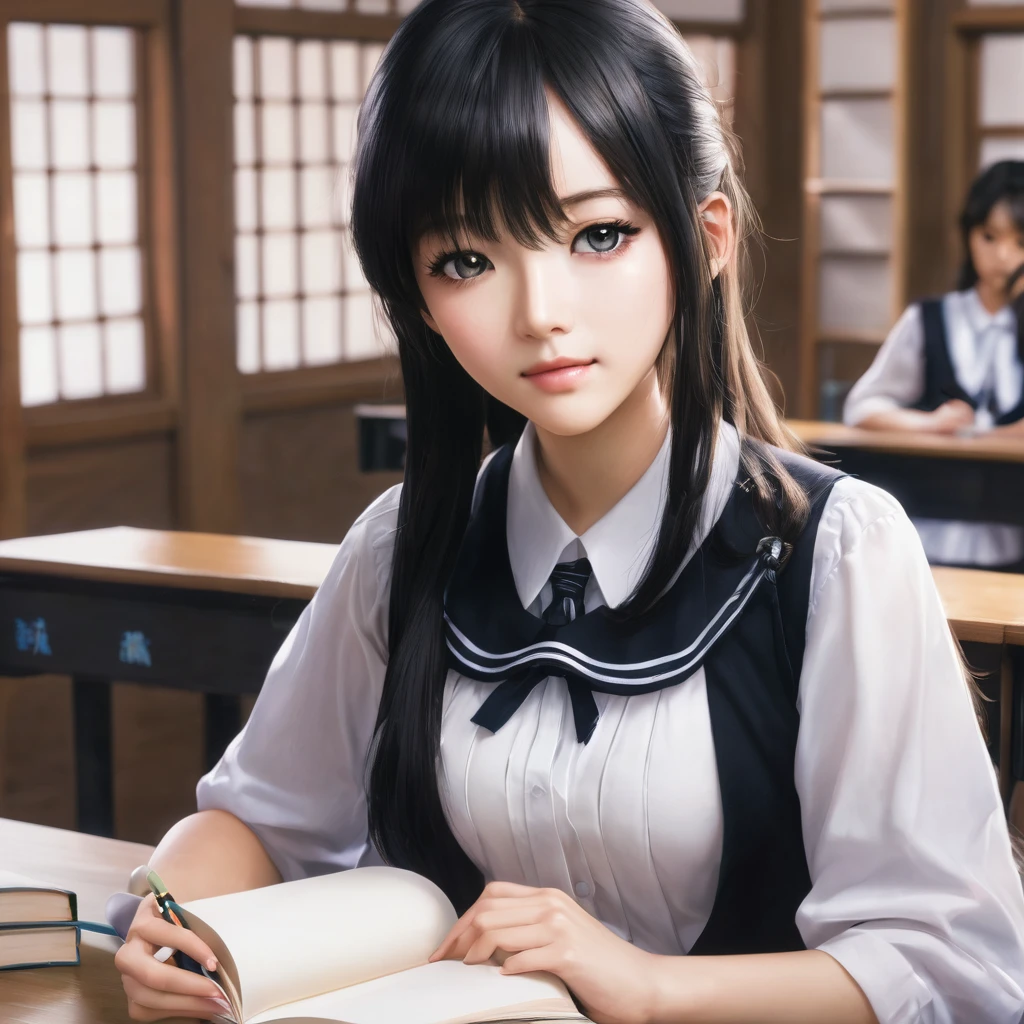 a girl in a , tachibana kanade, beautiful detailed eyes, beautiful detailed lips, extremely detailed face and hair, black skirt, white socks, small smile, classroom, highly detailed, masterpiece, best quality, 8k, ultra-detailed, photorealistic, sharp focus, vivid colors