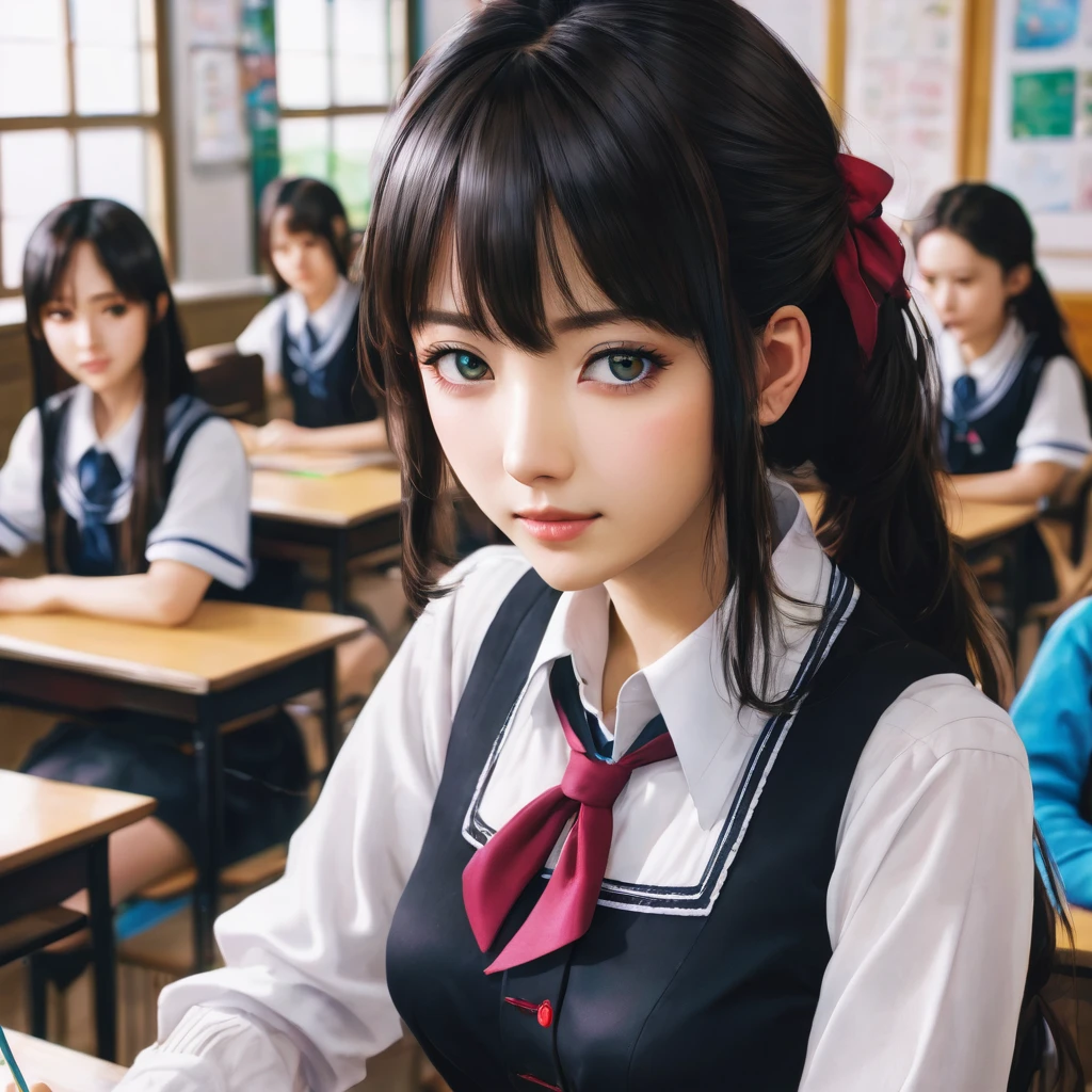 a girl in a , tachibana kanade, beautiful detailed eyes, beautiful detailed lips, extremely detailed face and hair, black skirt, white socks, small smile, classroom, highly detailed, masterpiece, best quality, 8k, ultra-detailed, photorealistic, sharp focus, vivid colors