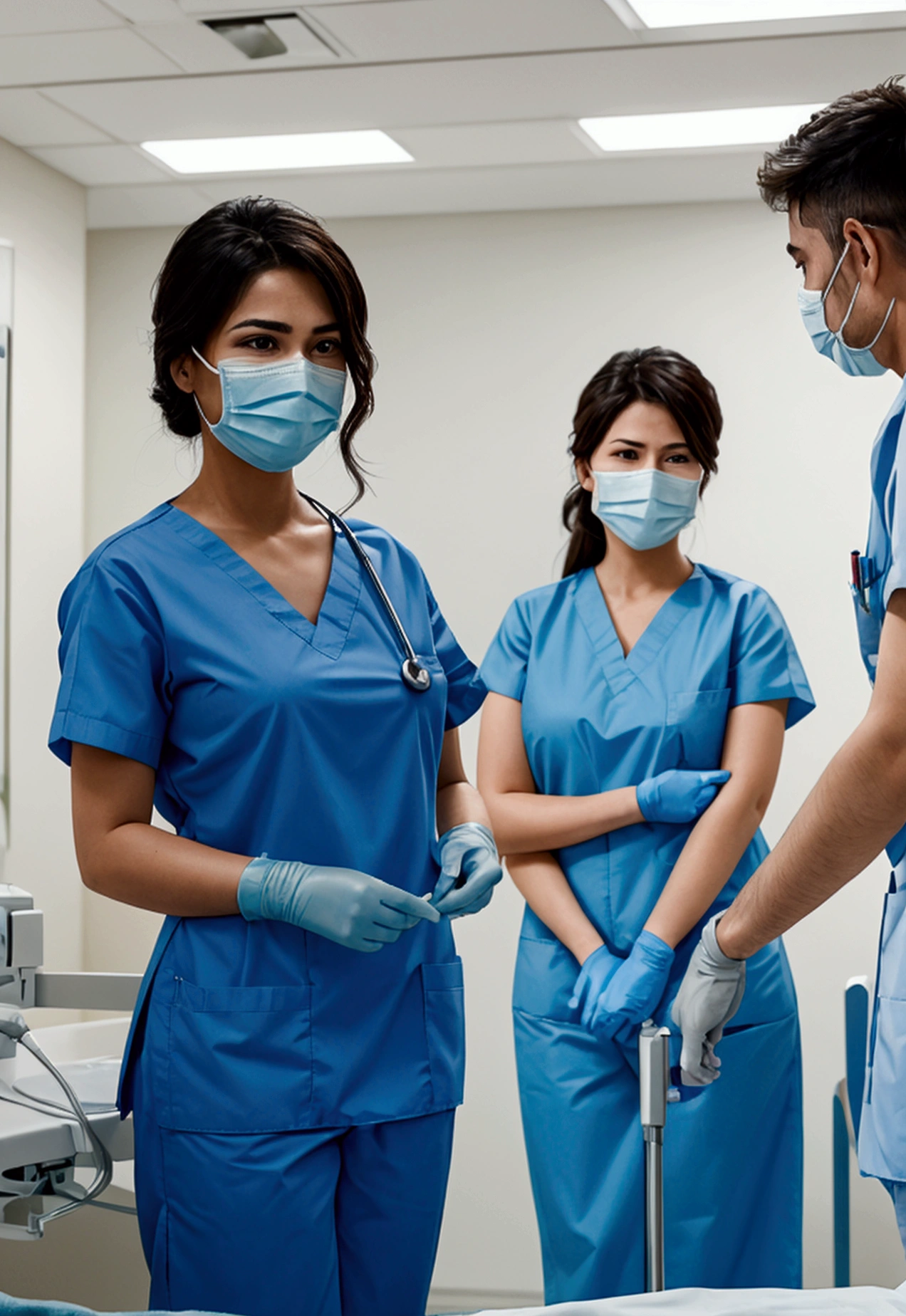 A realistic scene of several male and female nurses working efficiently in a hospital setting.,A realistic scene of several male and female nurses working efficiently in a hospital setting.,A realistic and dynamic hospital scene with several male and female nurses working efficiently. The nurses, dressed in clean scrubs and wearing gloves, are seen performing various tasks such as taking patient vitals, preparing and administering medications, and organizing medical supplies. The hospital ward is busy, with patients in beds, medical equipment beeping, and a sense of urgency in the air. The nurses are focused, professional, and coordinated in their efforts.,A hyper-realistic scene in a busy hospital ward where several male and female nurses are working quickly and efficiently. The nurses are wearing scrubs, face masks, and gloves, and are seen performing tasks like adjusting IVs, recording patient information, and responding to alarms. The environment is fast-paced, with medical equipment, patient beds, and a sense of urgency. The nurses are coordinated and professional, ensuring patients receive the care they need.