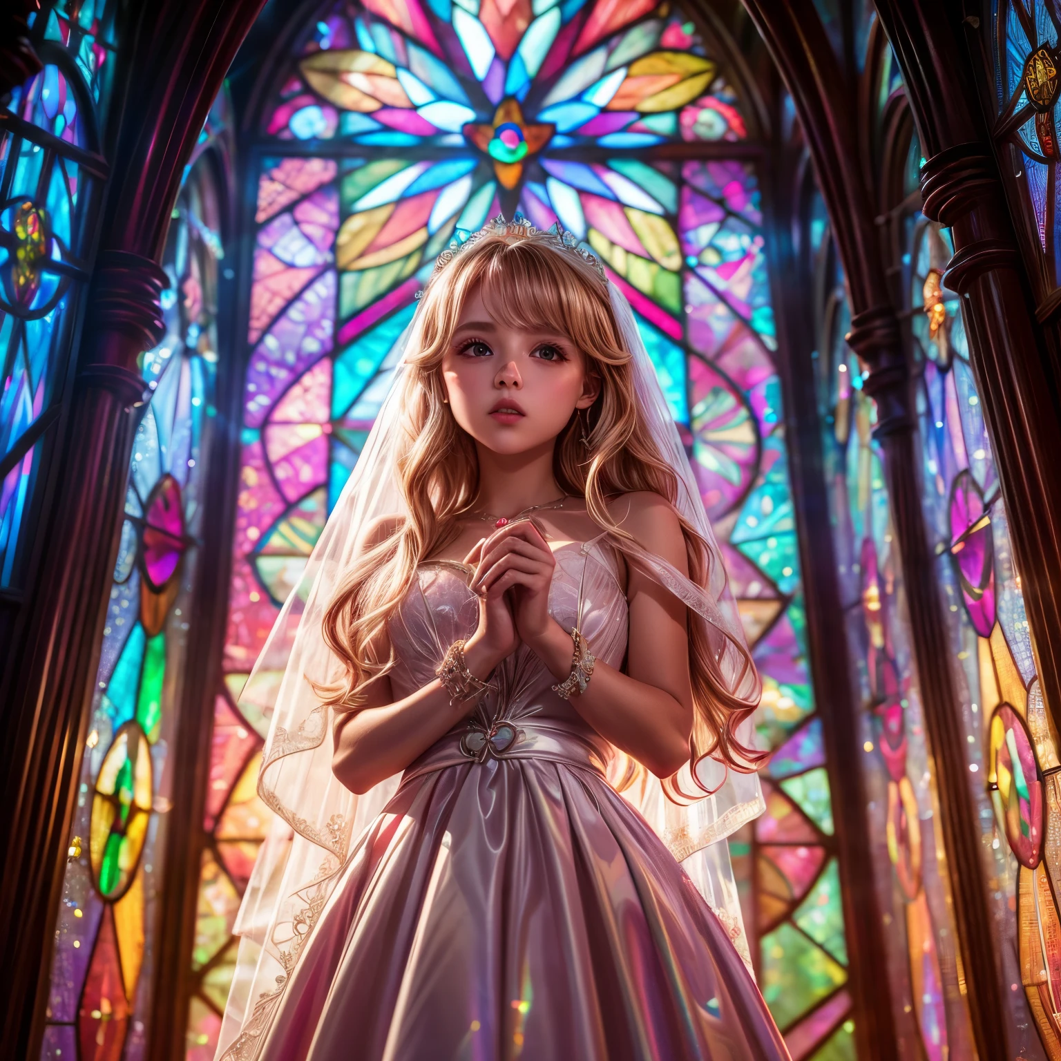 RubyRed (Cathedral from below:1.28) (ZoomLayer) TopQuality 8K masterpiece of ((Professional photo)), (((Clarisse de Cagliostro))) (Detailed White WeddingDresses), Chain, (((Extremely detailed KAWAII face))) {((VeiledFace))|BlondeHair|(Elaborate BuleEyes)with(SparklingHighlights:1.28)}, The background is distant (((Elaborate stained glass))) Rainbow Glass, {(MysticSight)|EnchantingAtmosphere|Haze|(GodRays)|TyndallEffect}, Radiant PearlSkin with Transparency, (Exposed:0.39)