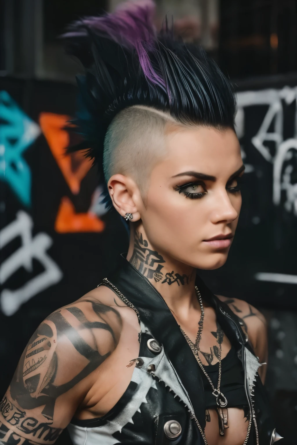 Photorealistic, ultra-detailed, ((Rocker punk girl, spiky mohawk hair)) girl, hot Body Brazilian Girl V.IT:1.4, ABS, tattoo, t-shirt nipples, t-shirt Written "666".portrait photo, grunge, side viewer, Solo, dimly lit room, edgy urban scene with graffiti, dark and moody, late evening, city lights flashing, neon lighting The essence of rock and roll, Spike hair, 18 years old, assertive, confident expression, showcasing multiple piercings, blurry background, Crystal clear eyes gleaming with passion, analogue style, grunge texture, Best contrast, industrial, Instagram LUT, Professional, 4k, electrifying gaze, shot on Nikon, 50mm, shallow depth of field, ((Abandoned Graffiti Wall Background, cinematic lighting )).