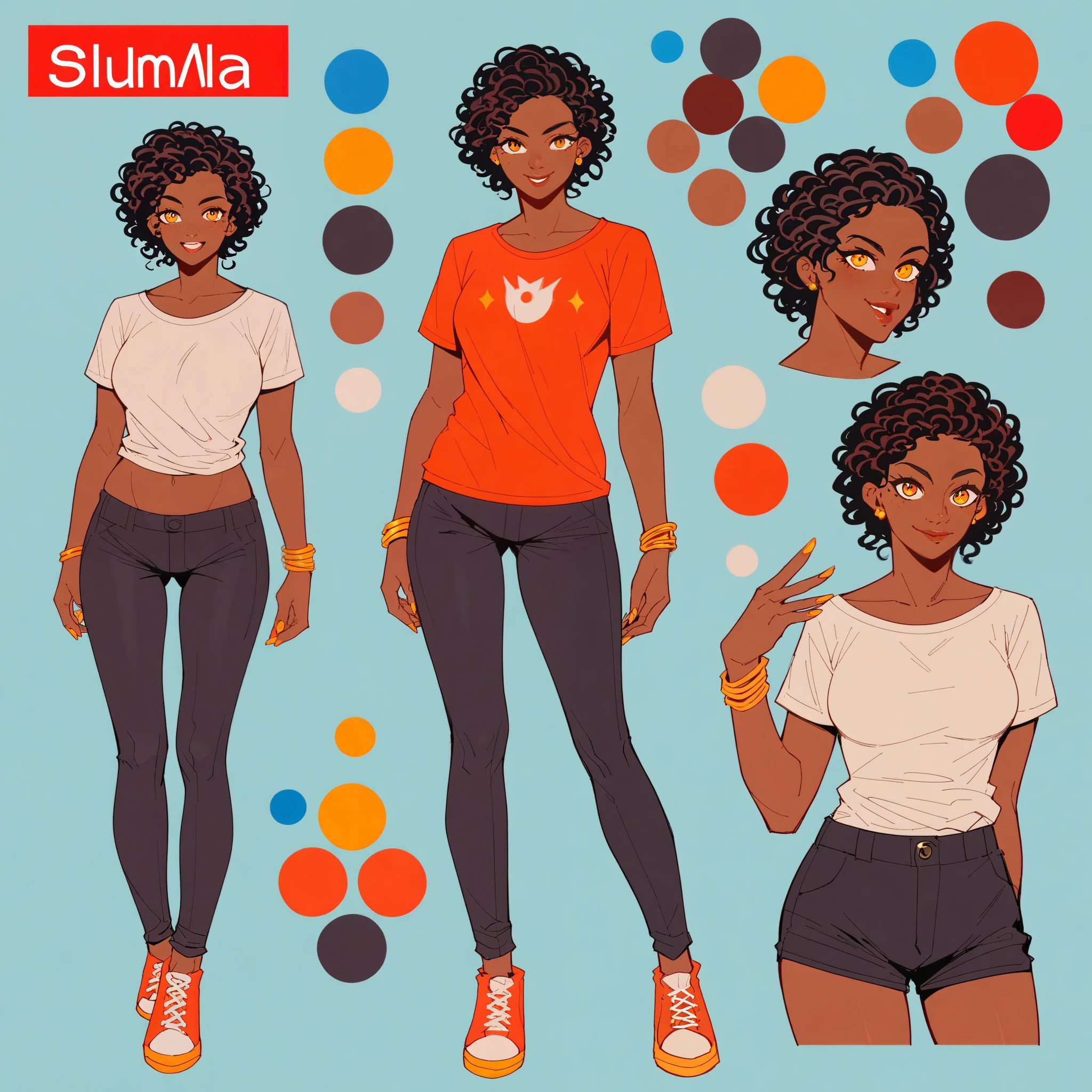 score_9, score_8_up, score_7_up, score_6_up, score_5_up, score_4_up, BREAK source_anime, 1girl, curly hair and black power, blue anda orange aura, plum, dark skin, bug hair, black pants and dark blue t-shirt, black power hair, flat art sltyle, Creative design, full body, Reference sheet, Character sheet