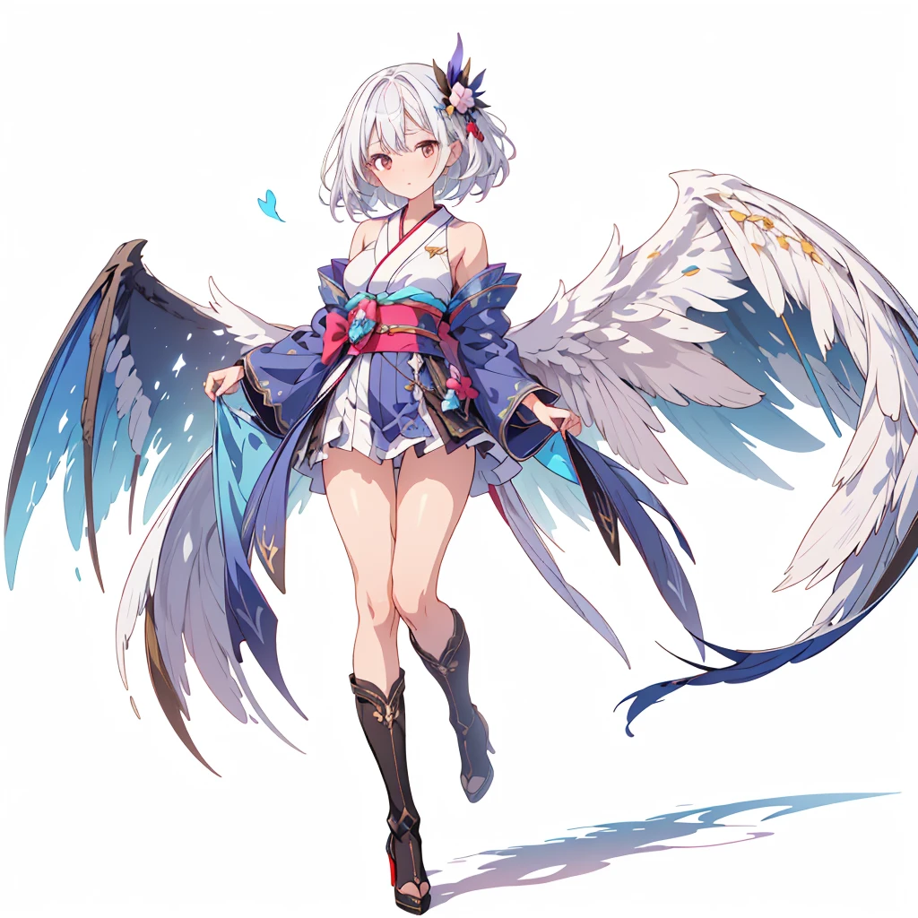 (masterpiece, Highest quality), (perfect athletic body:1.2), (Thin Hair), 非常にdetailedな, Anime Style, whole body, alone,  Gothloli kimono, Fairy Wings,Magical girl、Magic giant wand、  White hair and brown skin, High Boots,Floating in the blue sky, High heel boots, 8K high resolution, White Background, whole body,Super huge、detailed、dynamic、