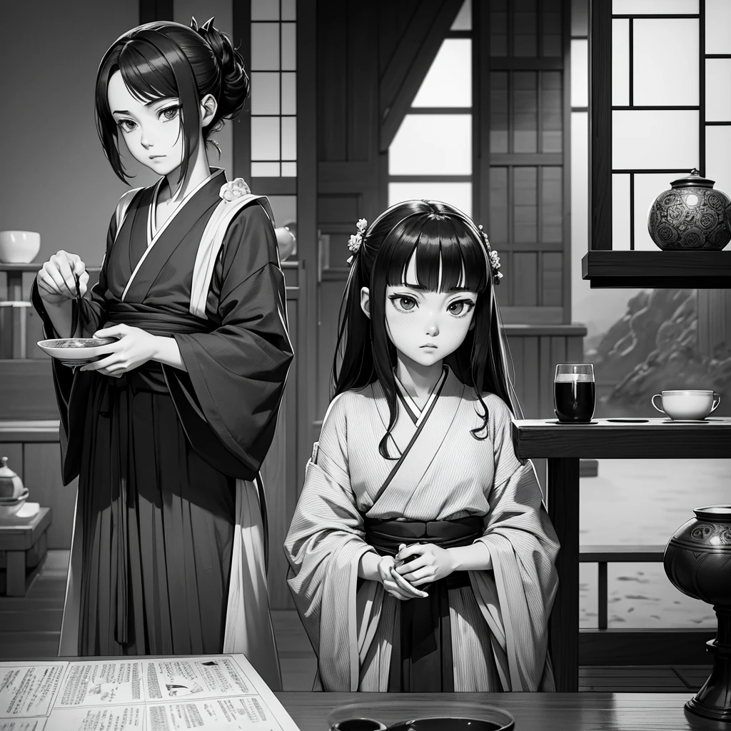 help, Zenitsu e Inosuke de "Kimetsu no Yaiba" drinking tea in black and white, Start by gathering some visual references from these characters to ensure the details are correct. Faça um esboço leve para posicionar help, Zenitsu and Inosuke and the objects, imagining them sitting at the table and holding cups of tea. Pay attention to facial expressions and postures that match their personalities.Add details to characters, like hair, clothing and facial expressions, ensuring that the proportions and distinct characteristics of each are maintained. Draw the table, the cups of tea and the surrounding environment, You can opt for a traditional Japanese teahouse or a simpler setting. Refine the sketch with darker lines, using different thicknesses to add depth and highlight important details.