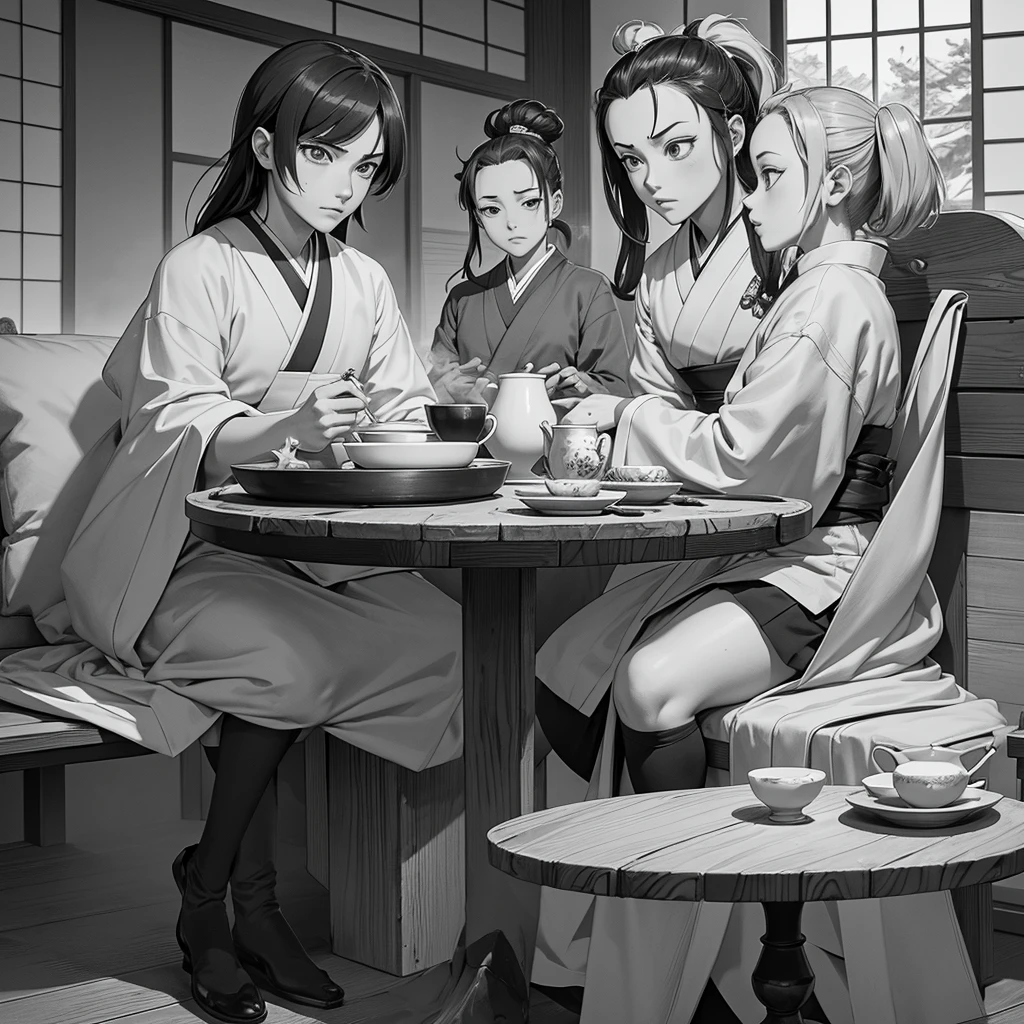 help, Zenitsu e Inosuke de "Kimetsu no Yaiba" drinking tea in black and white, Start by gathering some visual references from these characters to ensure the details are correct. Faça um esboço leve para posicionar help, Zenitsu and Inosuke and the objects, imagining them sitting at the table and holding cups of tea. Pay attention to facial expressions and postures that match their personalities.Add details to characters, like hair, clothing and facial expressions, ensuring that the proportions and distinct characteristics of each are maintained. Draw the table, the cups of tea and the surrounding environment, You can opt for a traditional Japanese teahouse or a simpler setting. Refine the sketch with darker lines, using different thicknesses to add depth and highlight important details.