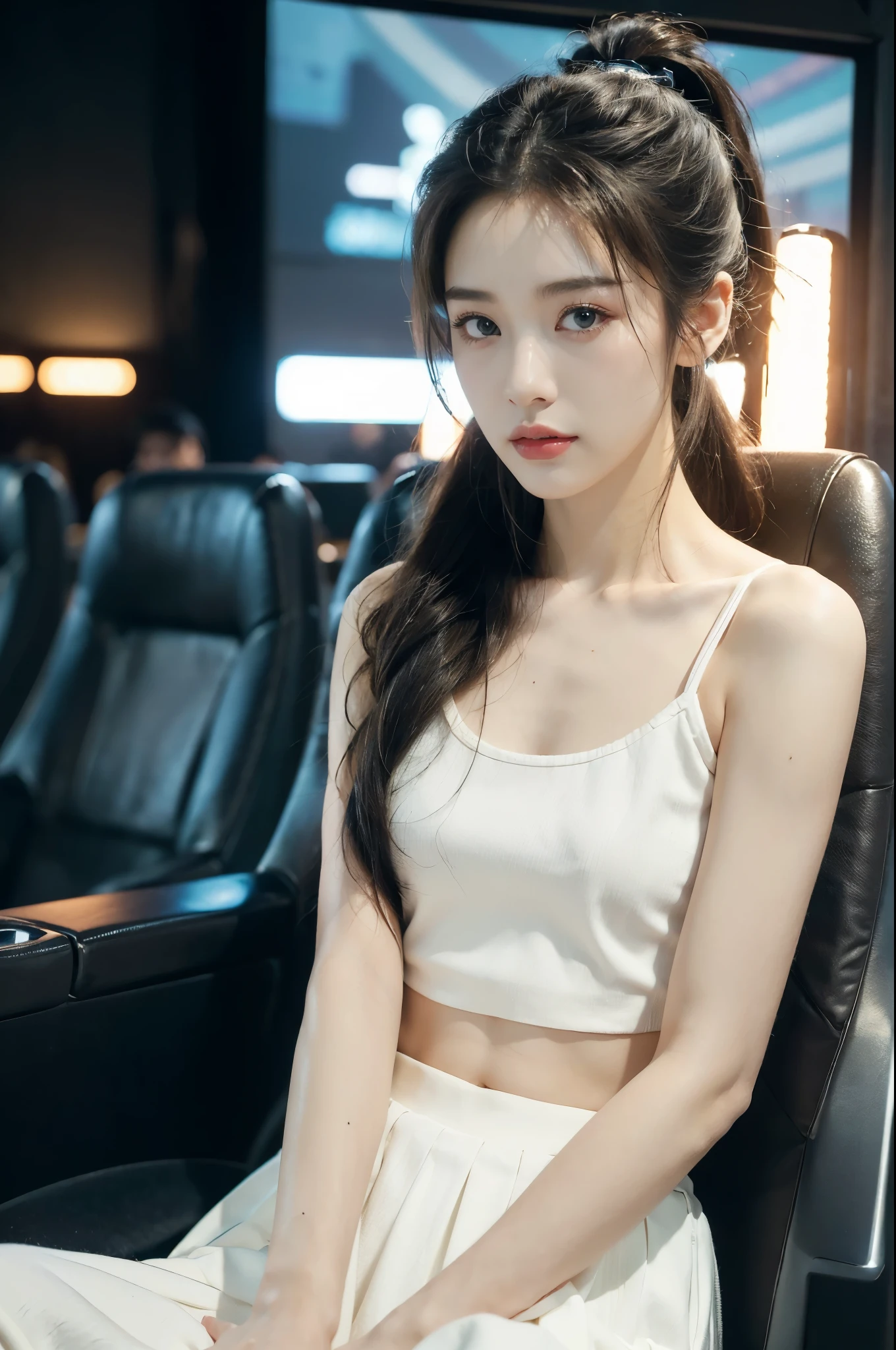 (((best quality))),(((ultra detailed))),(((masterpiece))),illustration,((a beautiful girl,solo)),(short ponytail:1.2),((slim,thin)),((small breasts,flat chest)),(,sitting:1.3),(in a movie theater:1.3),((white short-sleeved shirt, flowing long skirt)),elegant, youthful innocence, radiant skin, focused eyes,(movie screen:1.2), (dimly lit:1.5), plush seating, intricate decorations, freshly popped popcorn, anticipation, peaceful expression, cozy surroundings, summer,(night scene:1.3),(Luxurious decoration:1.3), tranquility, joy,((Future technology sense, cyberpunk style)),((from front,upper body))