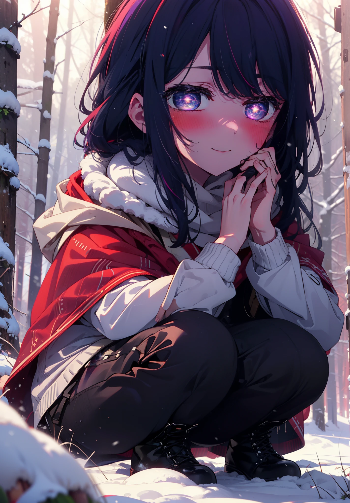 aihoshino, Ai Hoshino, Long Hair, bangs, (Purple eyes:1.1), Purple Hair, (Symbol-shaped pupil:1.5), smile,,smile,blush,white breath,
Open your mouth,snow,Ground bonfire, Outdoor, boots, snowing, From the side, wood, suitcase, Cape, Blurred, , forest, White handbag, nature,  Squat, Mouth closed, Cape, winter, Written boundary depth, Black shoes, red Cape break looking at viewer, Upper Body, whole body, break Outdoor, forest, nature, break (masterpiece:1.2), Highest quality, High resolution, unity 8k wallpaper, (shape:0.8), (Beautiful and beautiful eyes:1.6), Highly detailed face, Perfect lighting, Extremely detailed CG, (Perfect hands, Perfect Anatomy),