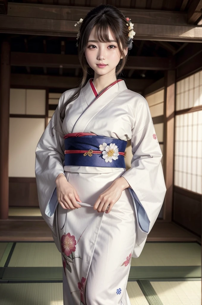 (masterpiece, highest quality, Realistic, High resolution, photograph, :1.3), Sharp focus, 1 Cute Japanese Girl, Hot Model, Highly detailed eyes and pupils, Realistic Skin, Highly detailed hair, Delicate face, Sensual look, Bright lips, Natural Lip, ((whole body shot)), standing pose, smile, (Furisode:1.5), (Floral:1.2), ((sash)), ((obi)), outside of home, (Japanese Style Country), full body,