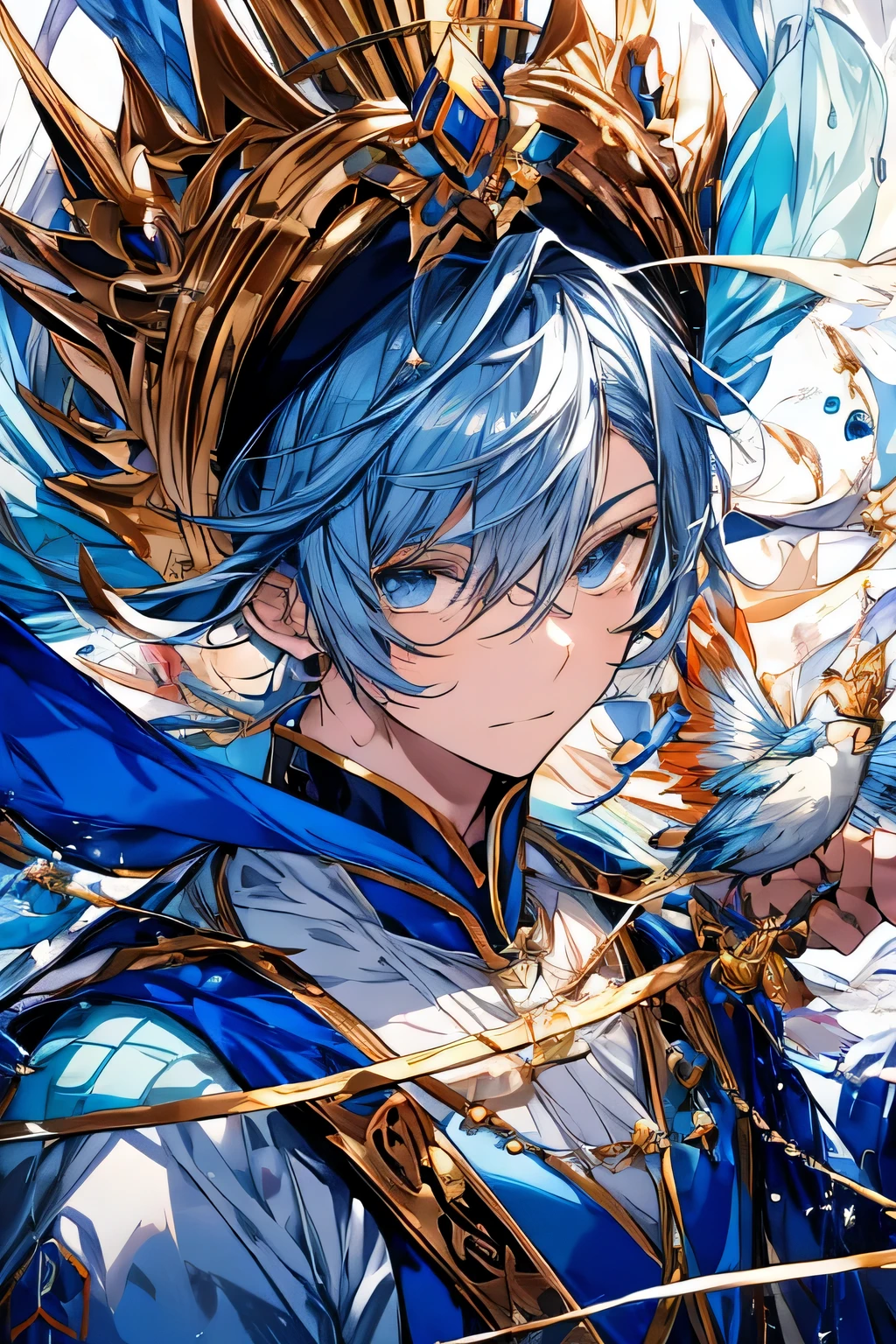 anime character with blue cape and hat holding a bird, portrait of magical blond prince, beautiful androgynous prince, inspired by Li Chevalier, delicate androgynous prince, machiavellian puppetmaster, okita sougo, tall anime guy with blue eyes, [[[[grinning evily]]]], orange - haired anime boy, zerochan