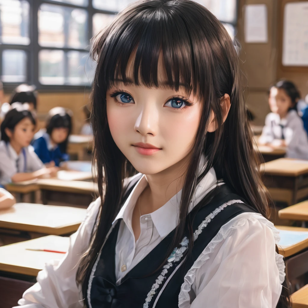 a girl in a , tachibana kanade, beautiful detailed eyes, beautiful detailed lips, extremely detailed face and hair, black skirt, white socks, small smile, classroom, highly detailed, masterpiece, best quality, 8k, ultra-detailed, photorealistic, sharp focus, vivid colors