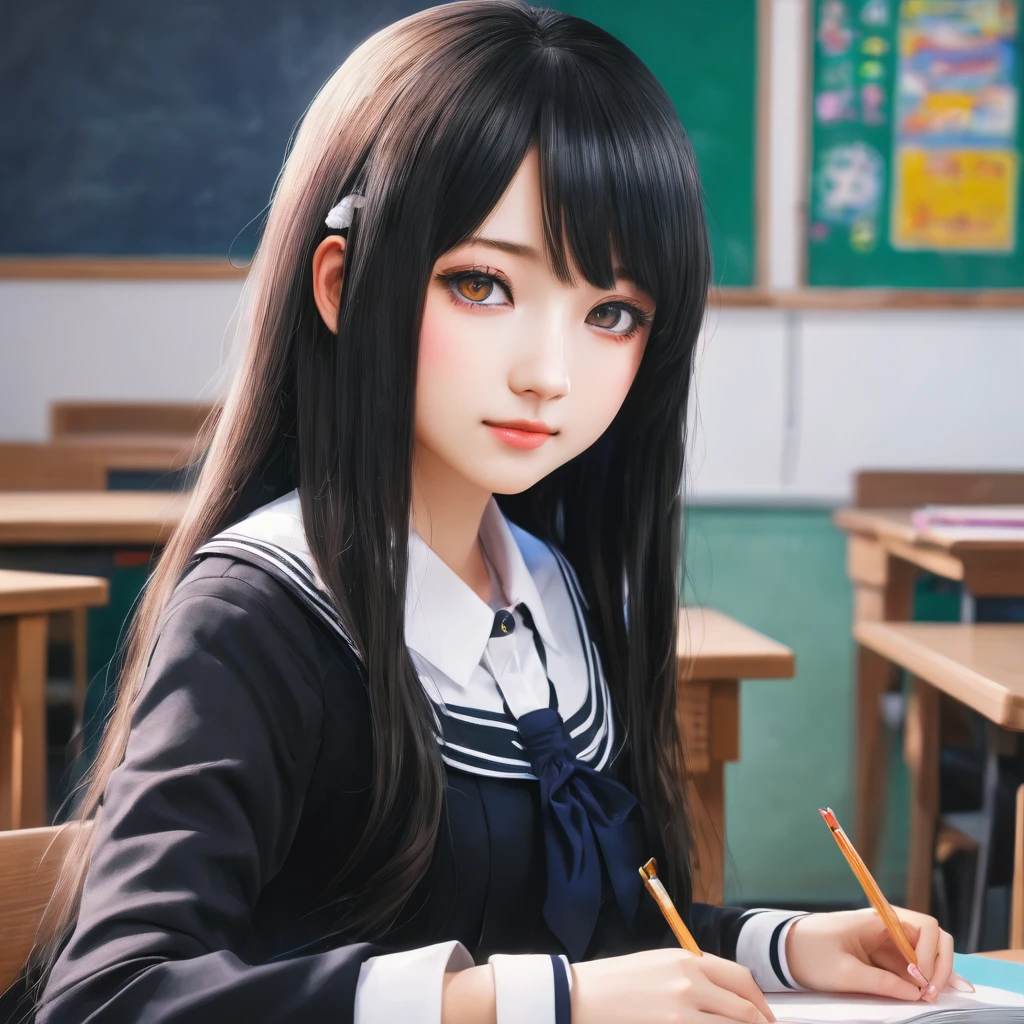 a girl in a , tachibana kanade, beautiful detailed eyes, beautiful detailed lips, extremely detailed face and hair, black skirt, white socks, small smile, classroom, highly detailed, masterpiece, best quality, 8k, ultra-detailed, photorealistic, sharp focus, vivid colors