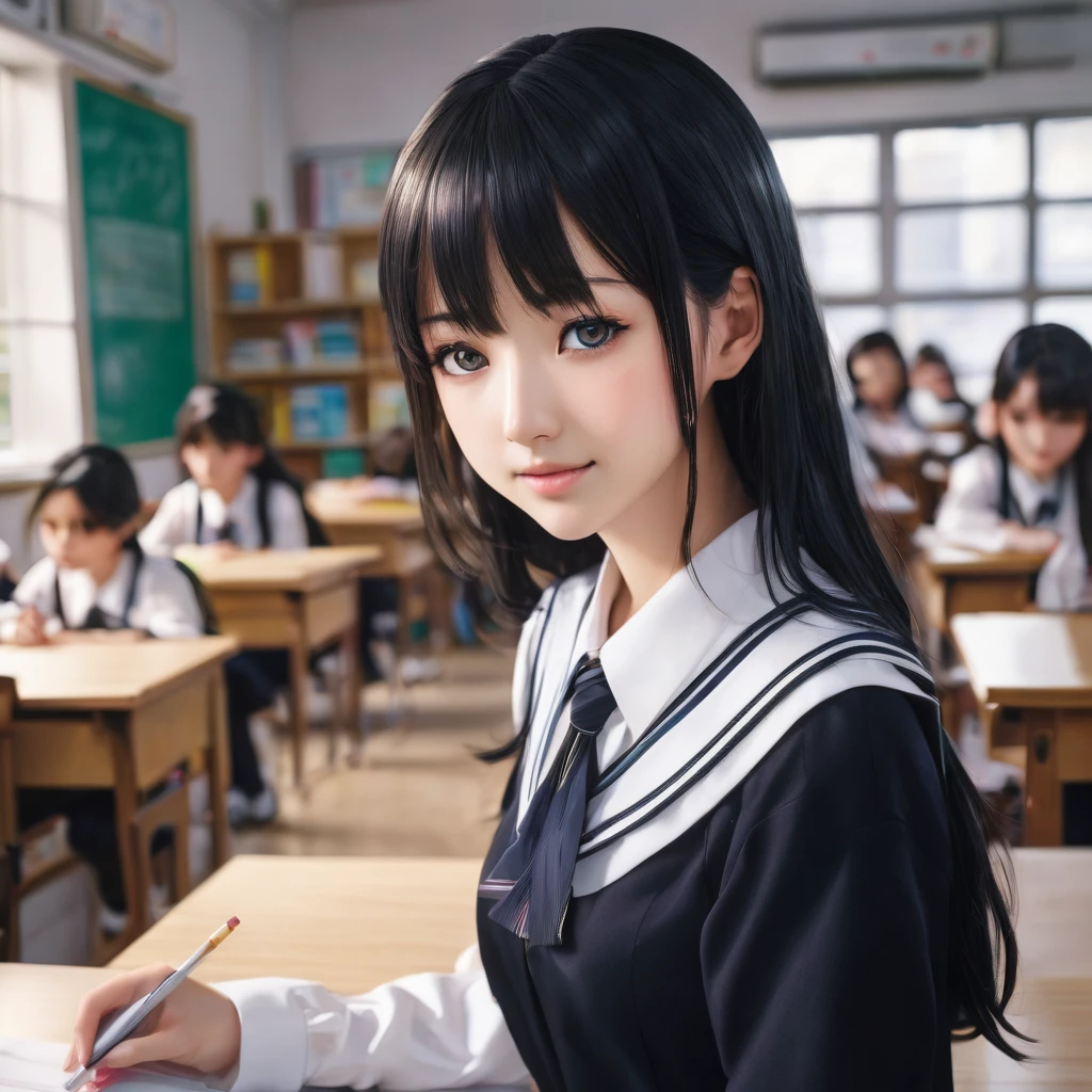 a girl in a , tachibana kanade, beautiful detailed eyes, beautiful detailed lips, extremely detailed face and hair, black skirt, white socks, small smile, classroom, highly detailed, masterpiece, best quality, 8k, ultra-detailed, photorealistic, sharp focus, vivid colors