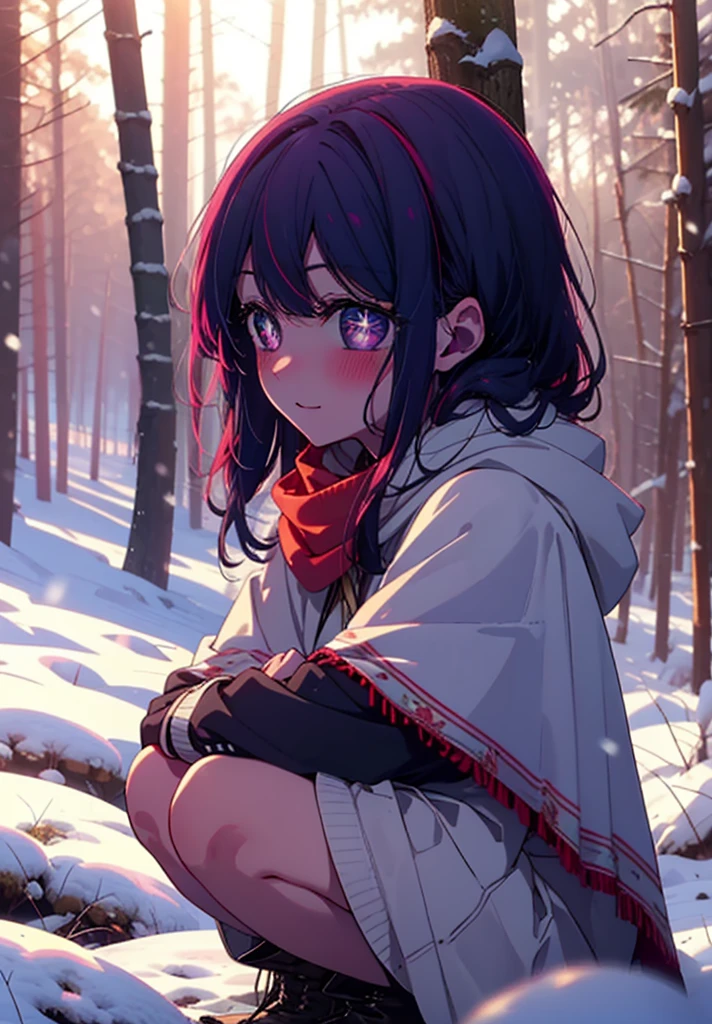 aihoshino, Ai Hoshino, Long Hair, bangs, (Purple eyes:1.1), Purple Hair, (Symbol-shaped pupil:1.5), smile,,smile,blush,white breath,
Open your mouth,snow,Ground bonfire, Outdoor, boots, snowing, From the side, wood, suitcase, Cape, Blurred, , forest, White handbag, nature, Squat, Mouth closed, Cape, winter, Written boundary depth, Black shoes, red Cape break looking at viewer, Upper Body, whole body, break Outdoor, forest, nature, break (masterpiece:1.2), Highest quality, High resolution, unity 8k wallpaper, (shape:0.8), (Beautiful and beautiful eyes:1.6), Highly detailed face, Perfect lighting, Extremely detailed CG, (Perfect hands, Perfect Anatomy),