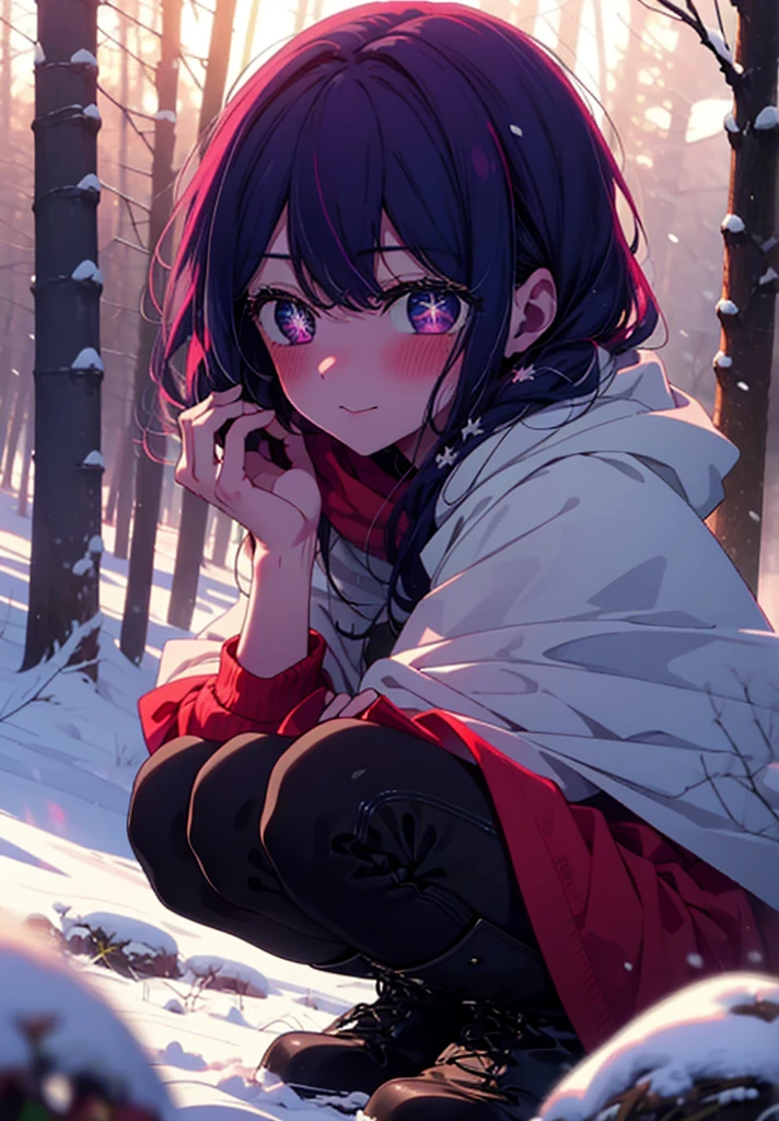 aihoshino, Ai Hoshino, Long Hair, bangs, (Purple eyes:1.1), Purple Hair, (Symbol-shaped pupil:1.5), smile,,smile,blush,white breath,
Open your mouth,snow,Ground bonfire, Outdoor, boots, snowing, From the side, wood, suitcase, Cape, Blurred, , forest, White handbag, nature,  Squat, Mouth closed, Cape, winter, Written boundary depth, Black shoes, red Cape break looking at viewer, Upper Body, whole body, break Outdoor, forest, nature, break (masterpiece:1.2), Highest quality, High resolution, unity 8k wallpaper, (shape:0.8), (Beautiful and beautiful eyes:1.6), Highly detailed face, Perfect lighting, Extremely detailed CG, (Perfect hands, Perfect Anatomy),