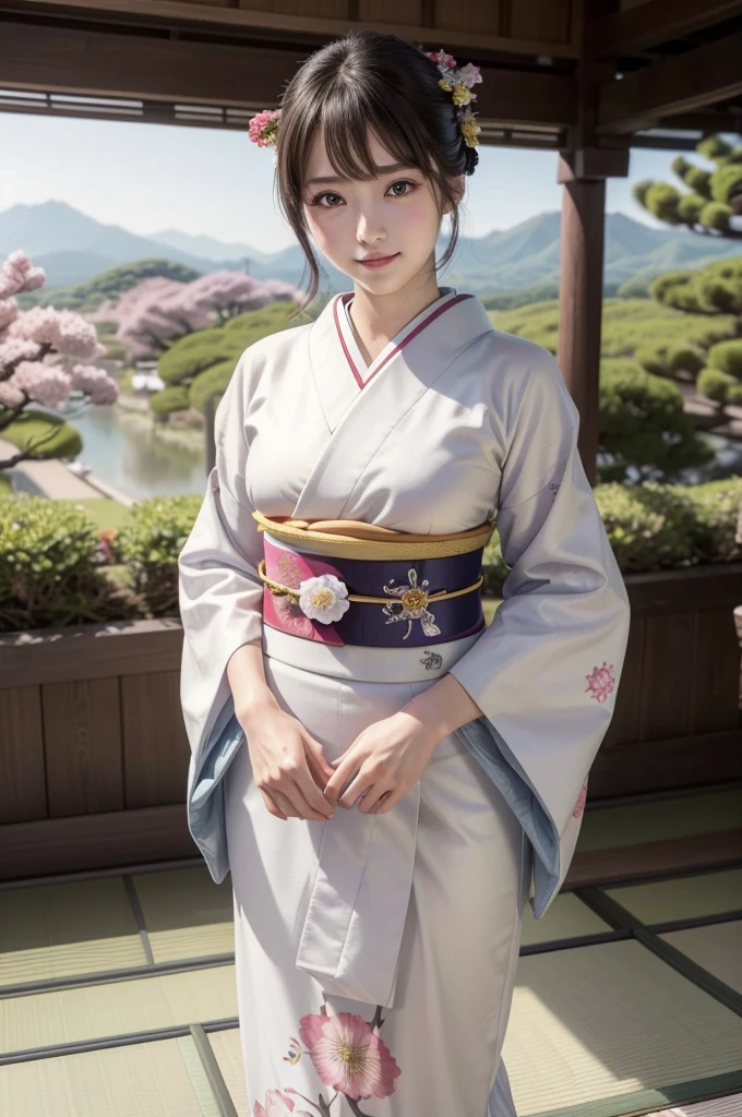 (masterpiece, highest quality, Realistic, High resolution, photograph, :1.3), Sharp focus, 1 Cute Japanese Girl, Hot Model, Highly detailed eyes and pupils, Realistic Skin, Highly detailed hair, Delicate face, Sensual look, Bright lips, Natural Lip, ((whole body shot)), standing pose, smile, (Furisode:1.5), (Floral:1.2), ((sash)), ((obi)), outside of home, (Japanese Style Country), full body,
