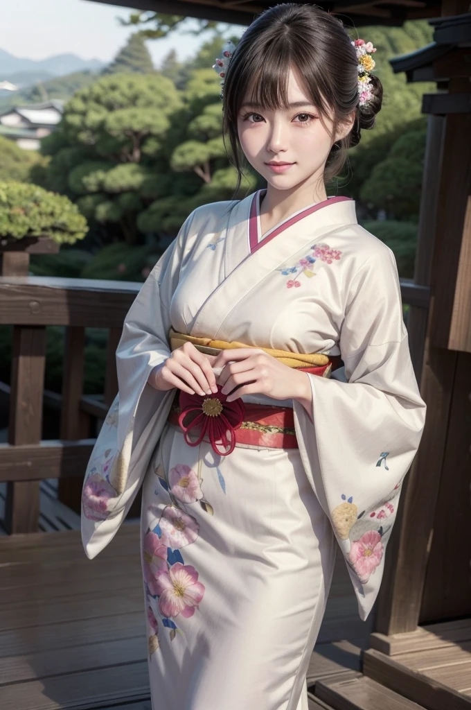 (masterpiece, highest quality, Realistic, High resolution, photograph, :1.3), Sharp focus, 1 Cute Japanese Girl, Hot Model, Highly detailed eyes and pupils, Realistic Skin, Highly detailed hair, Delicate face, Sensual look, Bright lips, Natural Lip, ((whole body shot)), standing pose, smile, (Furisode:1.5), (Floral:1.2), ((sash)), ((obi)), outside of home, (Japanese Style Country), full body, 