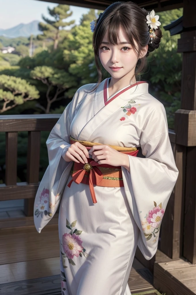 (masterpiece, highest quality, Realistic, High resolution, photograph, :1.3), Sharp focus, 1 Cute Japanese Girl, Hot Model, Highly detailed eyes and pupils, Realistic Skin, Highly detailed hair, Delicate face, Sensual look, Bright lips, Natural Lip, ((whole body shot)), standing pose, smile, (Furisode:1.5), (Floral:1.2), ((sash)), ((obi)), outside of home, (Japanese Style Country), full body,