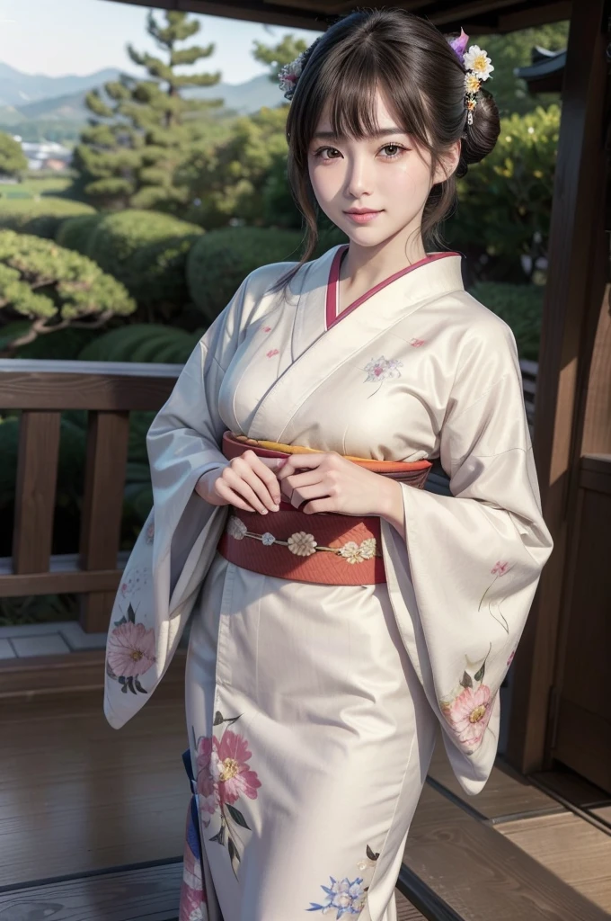 (masterpiece, highest quality, Realistic, High resolution, photograph, :1.3), Sharp focus, 1 Cute Japanese Girl, Hot Model, Highly detailed eyes and pupils, Realistic Skin, Highly detailed hair, Delicate face, Sensual look, Bright lips, Natural Lip, ((whole body shot)), standing pose, smile, (Furisode:1.5), (Floral:1.2), ((sash)), ((obi)), outside of home, (Japanese Style Country), full body, 