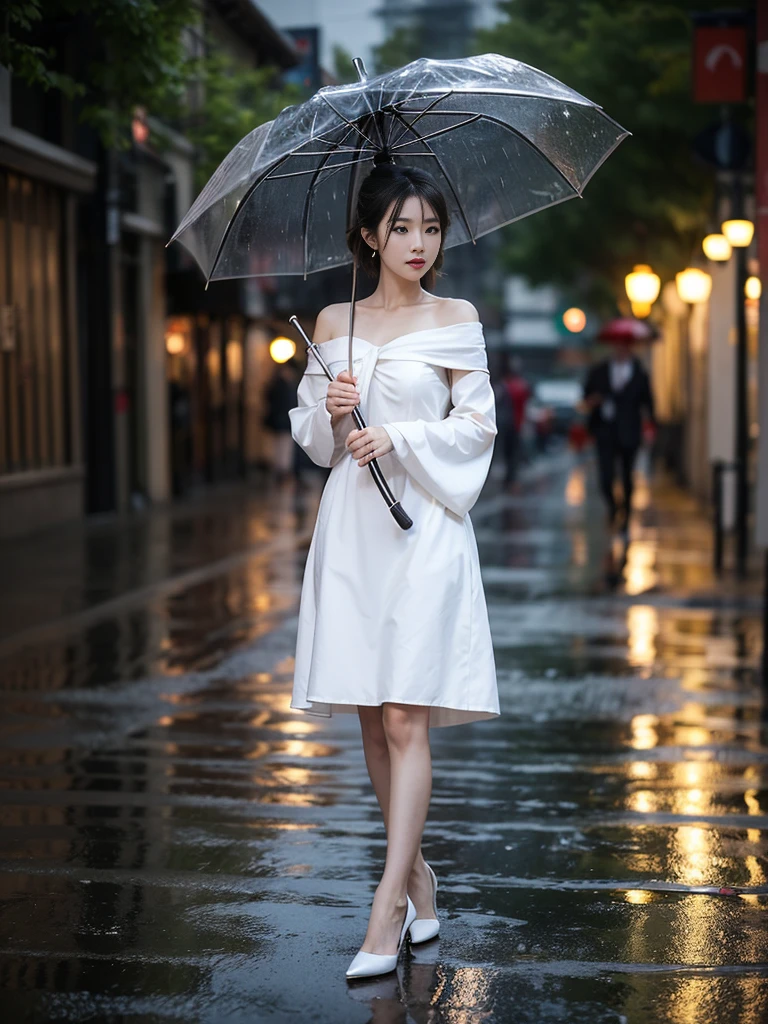 Elegant Asian female model in a white off-shoulder dress, full body visible, wearing stylish high heels, holding an umbrella, standing in the pouring rain, city street in the background, raindrops and falling leaves in the air, dramatic lighting, cinematic atmosphere