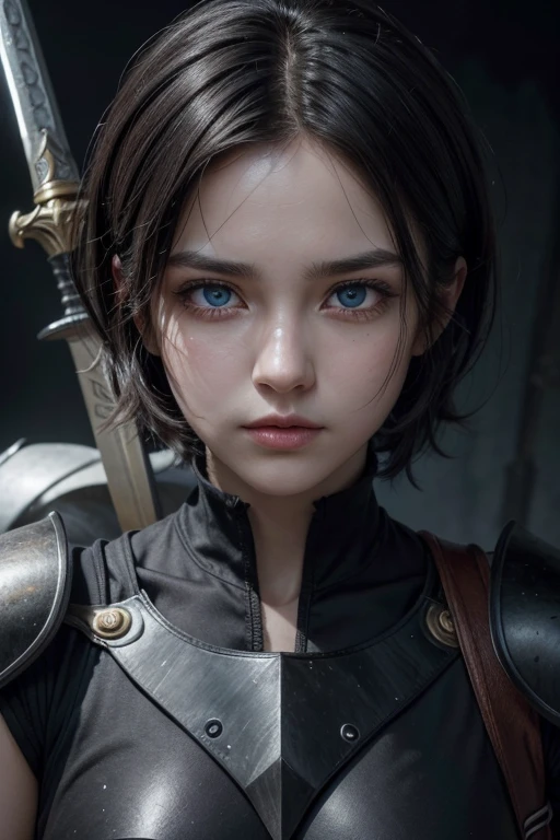 absurdrez, ultra details, high qualiy, Artwork, face detailed, gorgeous eyes(detailedeyes) warrior with sword, short black hair, Paladin's Heavy Armor, fully body, tense facial expression, gaping mouth, yelling, grappling, gazing at viewer, eye shadow, eye pencils, super lashes, fully body