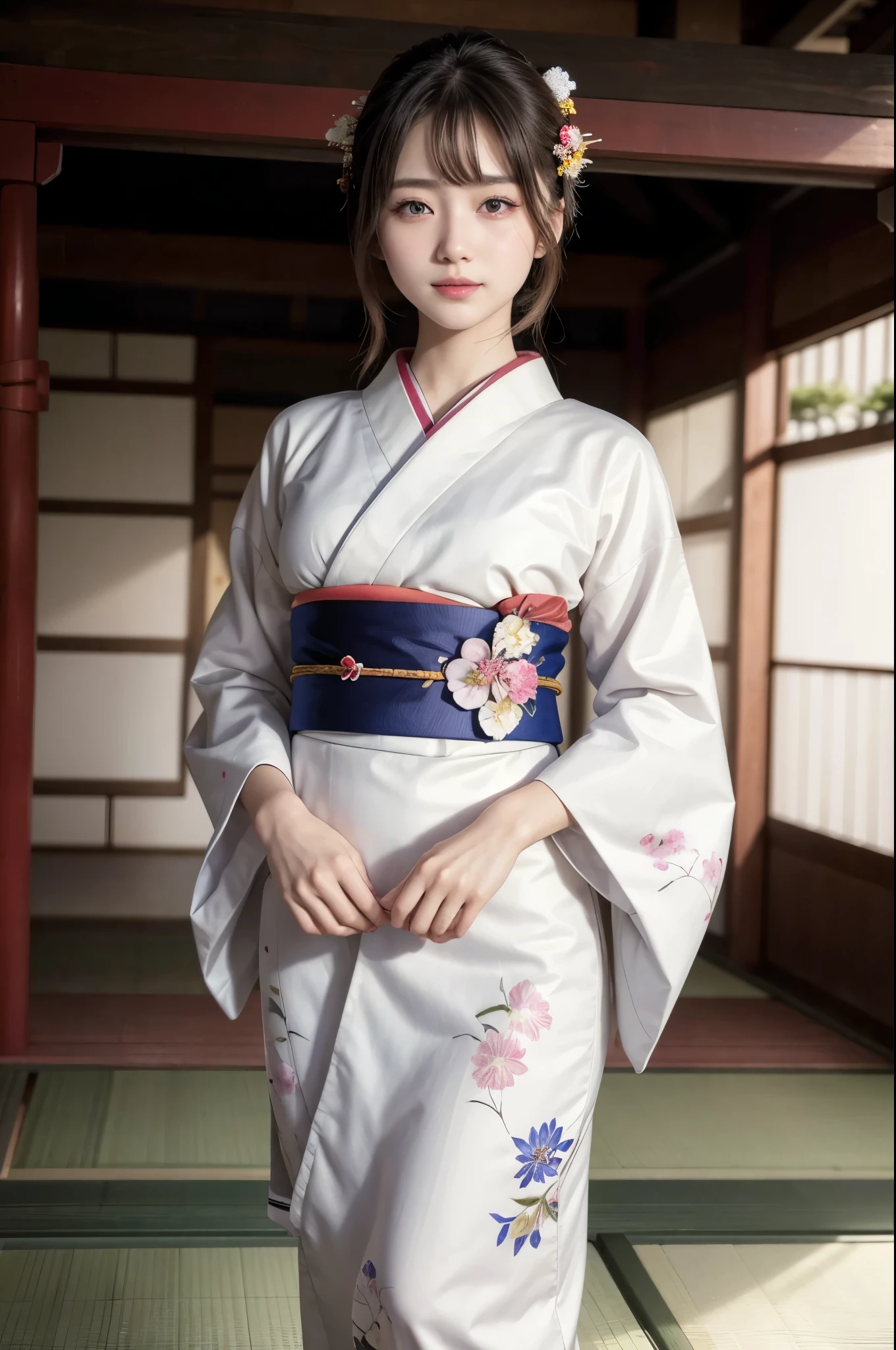 (masterpiece, highest quality, Realistic, High resolution, photograph, :1.3), Sharp focus, 1 Cute Japanese Girl, Hot Model, Highly detailed eyes and pupils, Realistic Skin, Highly detailed hair, Delicate face, Sensual look, Bright lips, Natural Lip, ((whole body shot)), standing pose, smile, (Furisode:1.5), (Floral:1.2), ((sash)), ((obi)), outside of home, (Japanese Style Country), full body,