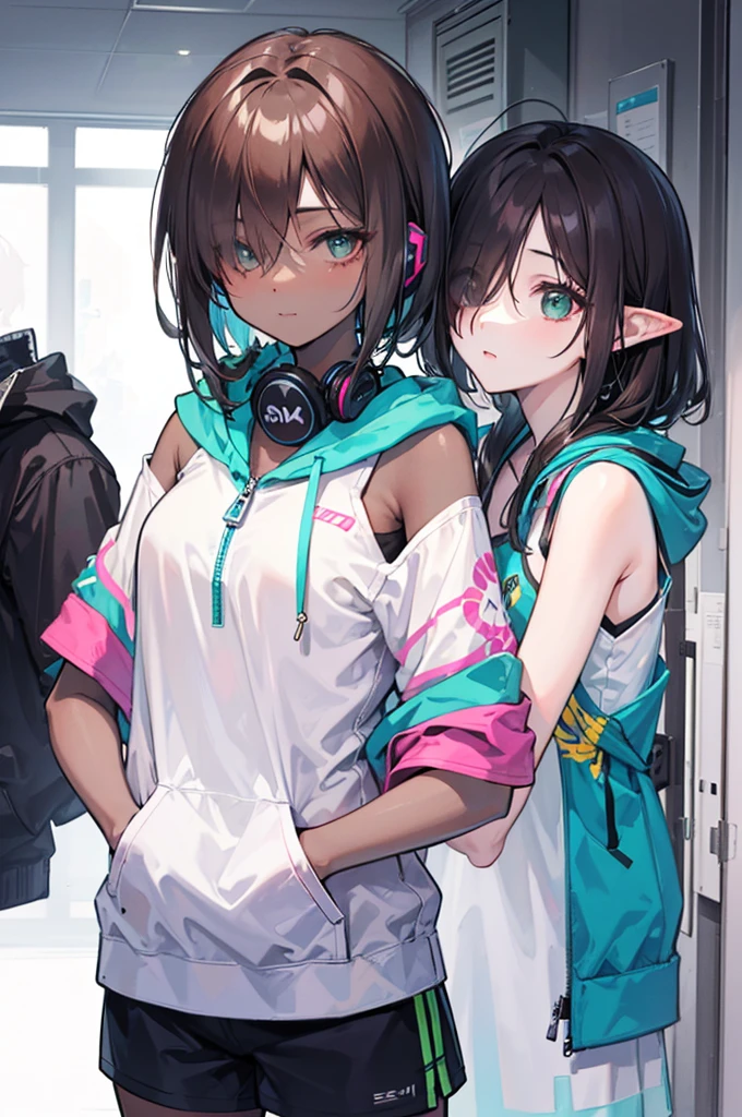 초상화, 혼자, 귀여운 소녀, dark_elf, ((dark_skin, lustrous_skin)), (brown_hair, asymmetrical_bangs, (((hair over one eye))), shoulder_length_hair), light_green_eyes, 빈유, hands_in_pockets, Boring_face, camisole, dolphin_shorts, black_rabbit_Hooded_zip_up, headphones around_neck