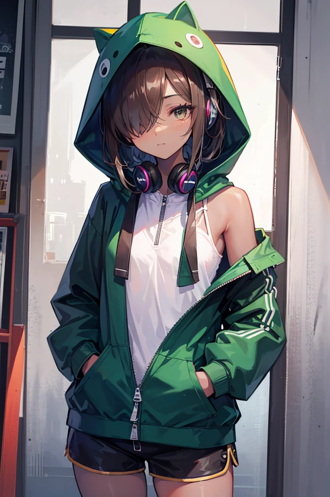 초상화, 혼자, 귀여운 소녀, dark_elf, ((dark_skin, lustrous_skin)), (brown_hair, asymmetrical_bangs, (((hair over one eye))), shoulder_length_hair), light_green_eyes, 빈유, hands_in_pockets, Boring_face, camisole, dolphin_shorts, black_rabbit_Hooded_zip_up, headphones around_neck