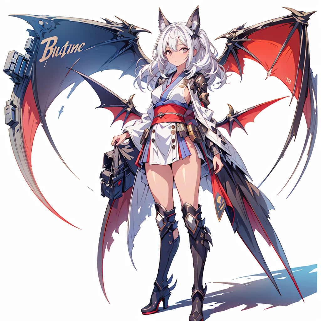 (masterpiece, Highest quality), (perfect athletic body:1.2), (Thin Hair), Very detailed, Anime Style, whole body, alone, Cyberpunk Batgirl, In Cyber Kimono, Big Wings, bat ears, White hair and brown skin, High Boots, Standing in the Wilderness, High heel boots, 8K high resolution, White Background, whole body,
