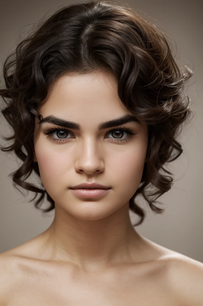 Realistic photograph of a 28 year old woman, with medium build and very white skin, His hair is short to the base of his neck and curly, dark brown., Her eyes are brown and she has thick eyebrows and long eyelashes., He has a medium-sized nose and thick lips., Her face is round and she is short..
